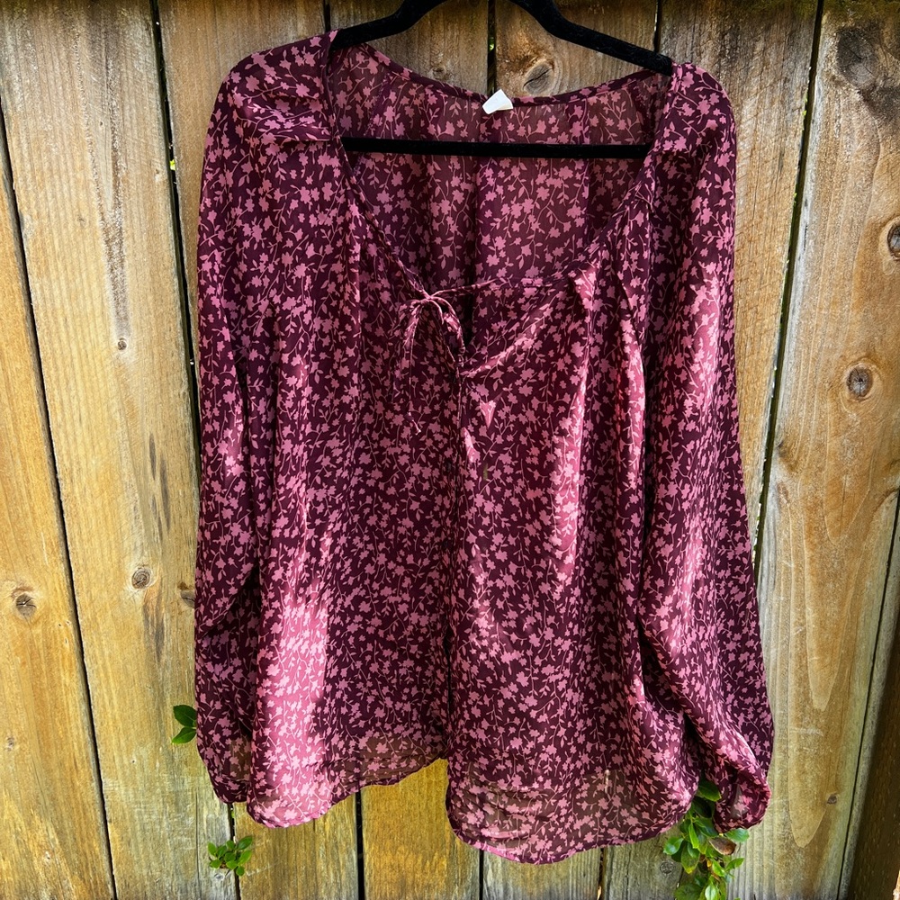 Old Navy Sheer Floral Tie Blouse Maroon 2X